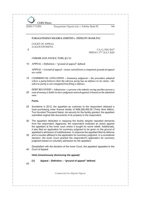 PARAGONSINO NIGERIA LTD v. FIDELITY BANK PLC