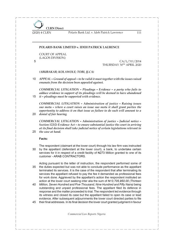 POLARIS BANK LTD. v. IDEH PATRICK LAWRENCE
