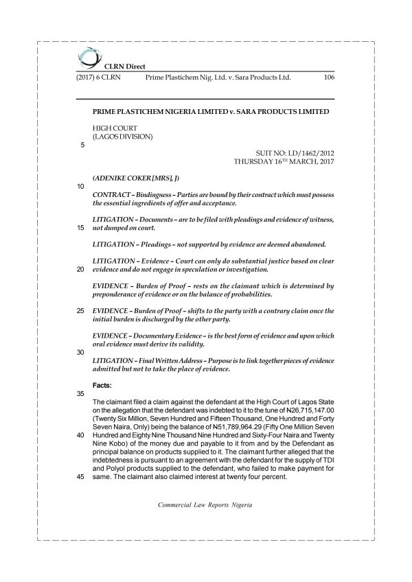 Prime Plastichem Nig. Ltd. v. Sara Products Ltd.