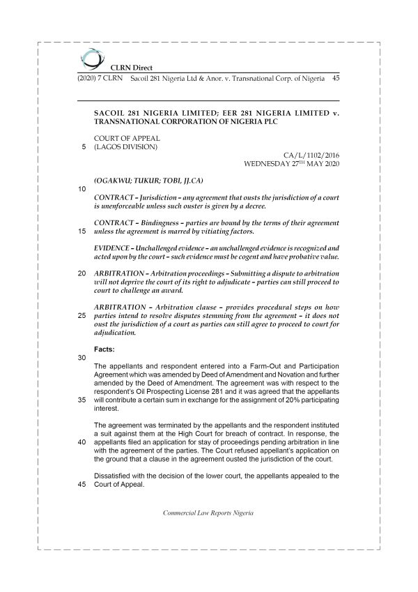 SACOIL 281 NIGERIA LTD. & ANOR. v. TRANSNATIONAL CORP. OF NIGERIA PLC