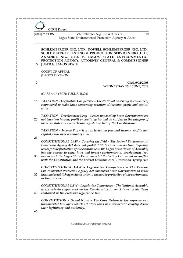 Schlumberger Nig. Ltd & 3 Ors. v. Lagos State Environmental Protection Agency & Anor.
