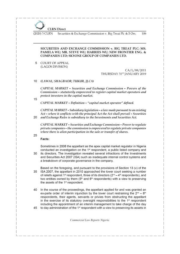 SECURITIES & EXCHANGE COMMISSION v. BIG TREAT PLC & 5 ORS.