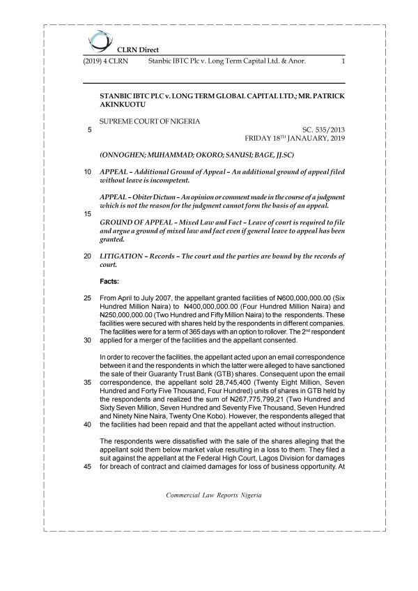STANBIC IBTC PLC v. LONG TERM CAPITAL LTD. & ANOR.