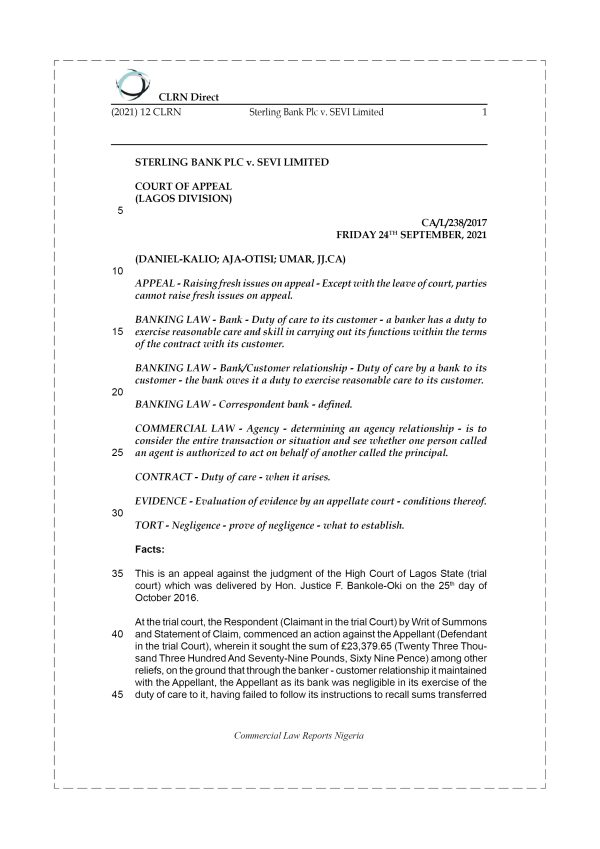 STERLING BANK PLC v. SEVI LIMITED