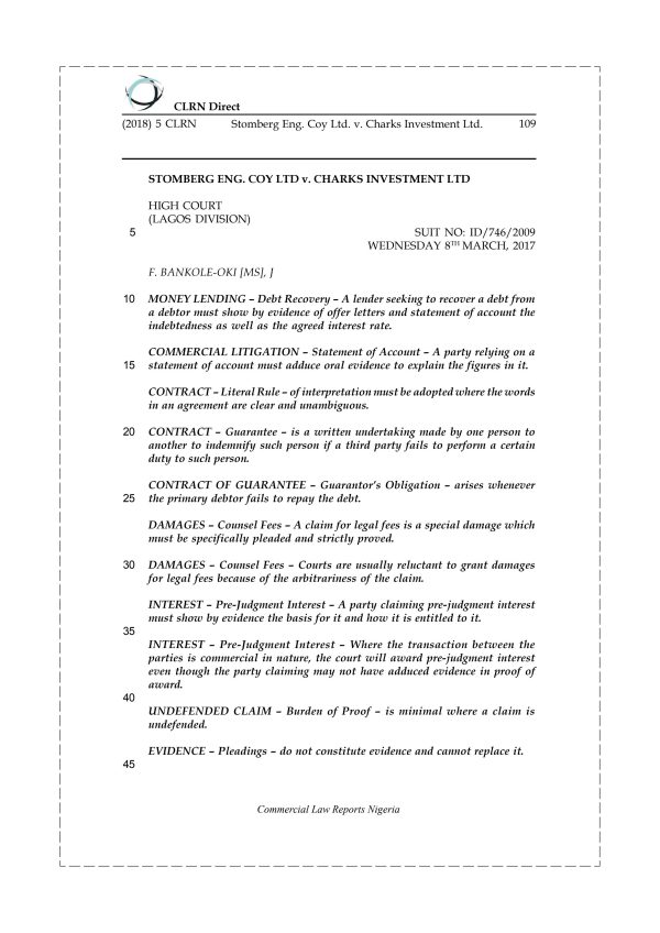 Stomberg Eng. Coy Ltd. v. Charks Investment Ltd