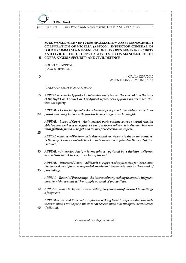 Suru Worldwide Ventures Nig. Ltd. v. AMCON & 3 Ors.