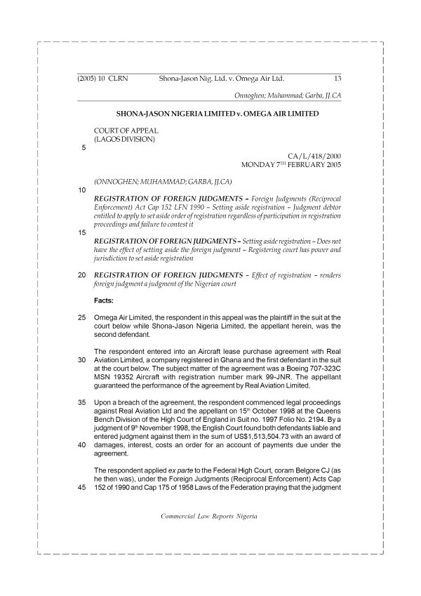 Shona-Jason Nigeria Limited v. Omega Air Limited