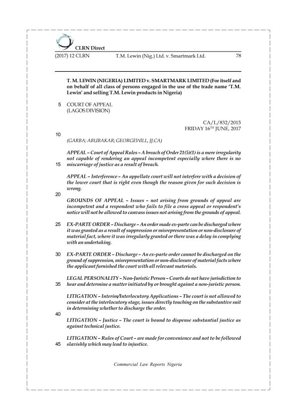 T.M. Lewin (Nig.) Ltd. v. Smartmark Ltd.