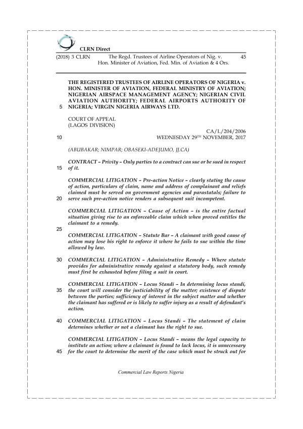 The Regd. Trustees of Airline Operators of Nig. v. Hon. Minister of Aviation, Fed. Min. of Aviation & 4 Ors.