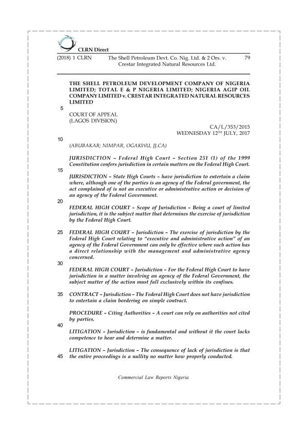 The Shell Petroleum Devt. Co. Nig. Ltd. & 2 Ors. v. Crestar Integrated Natural Resources Ltd.