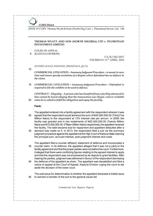 THOMAS WYATT & SONS (NORTH NIG.) LTD. v. PLUMSTEAD INVEST. LTD.