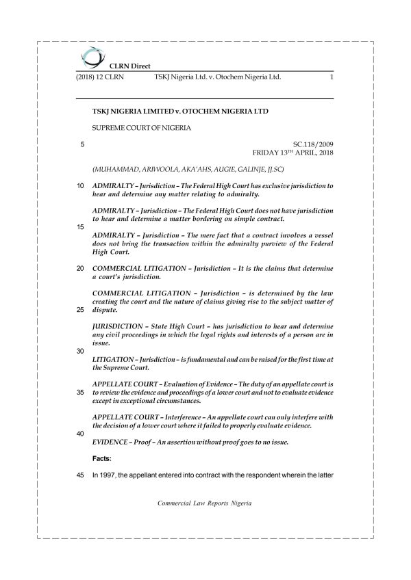 TSKJ Nigeria Ltd. v. Otochem Nigeria Ltd.