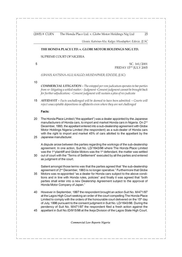 The Honda Place Ltd v. Globe Motor Holdings Nig. Ltd