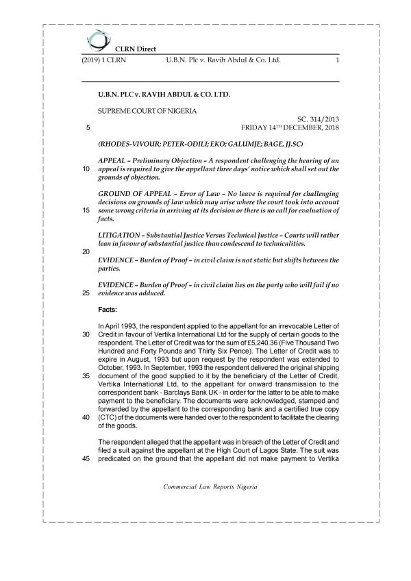U.B.N. PLC v. RAVIH ABDUL & CO. LTD.