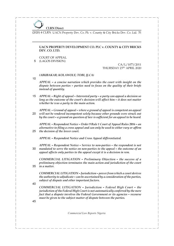 UACN PROPERTY DEV. CO. PLC v. COUNTY & CITY BRICKS DEV. CO. LTD.