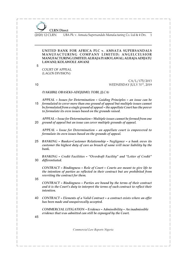 UBA PLC v. AMSATA SUPERSANDALS MANUFACTURING CO. LTD & 4 ORS.