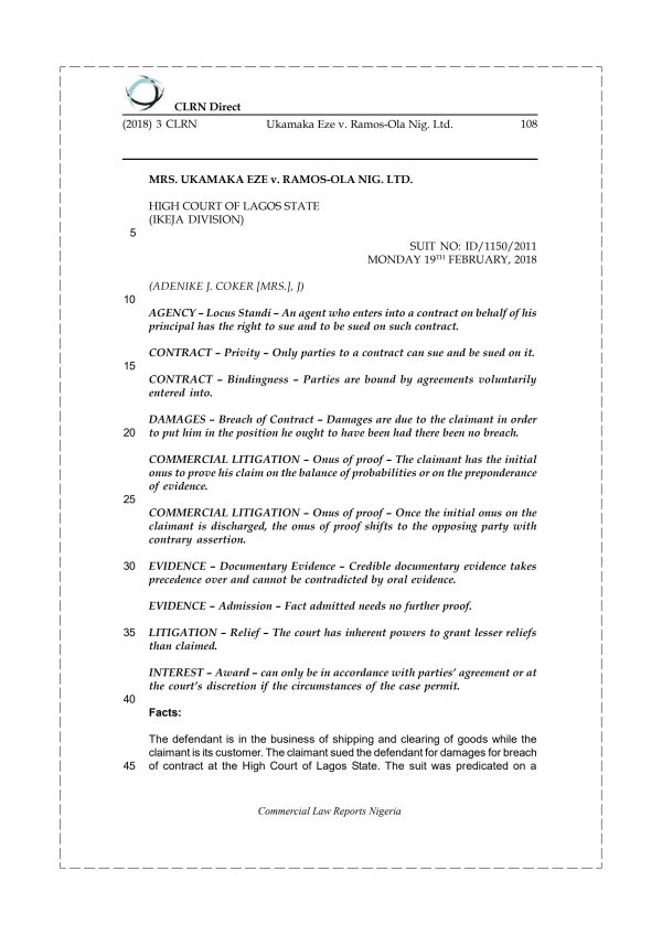Ukamaka Eze v. Ramos-Ola Nig. Ltd.