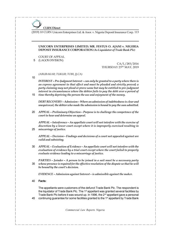 UNICORN ENTERPRISES LTD. & ANOR. v. NIGERIA DEPOSIT INSURANCE CORP.