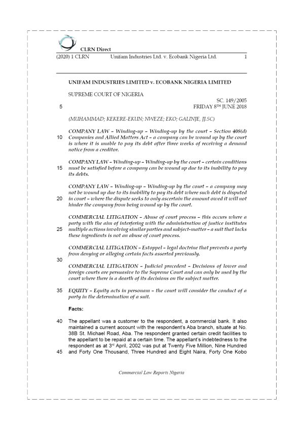 UNIFAM INDUSTRIES LTD. v. ECOBANK NIGERIA LTD.