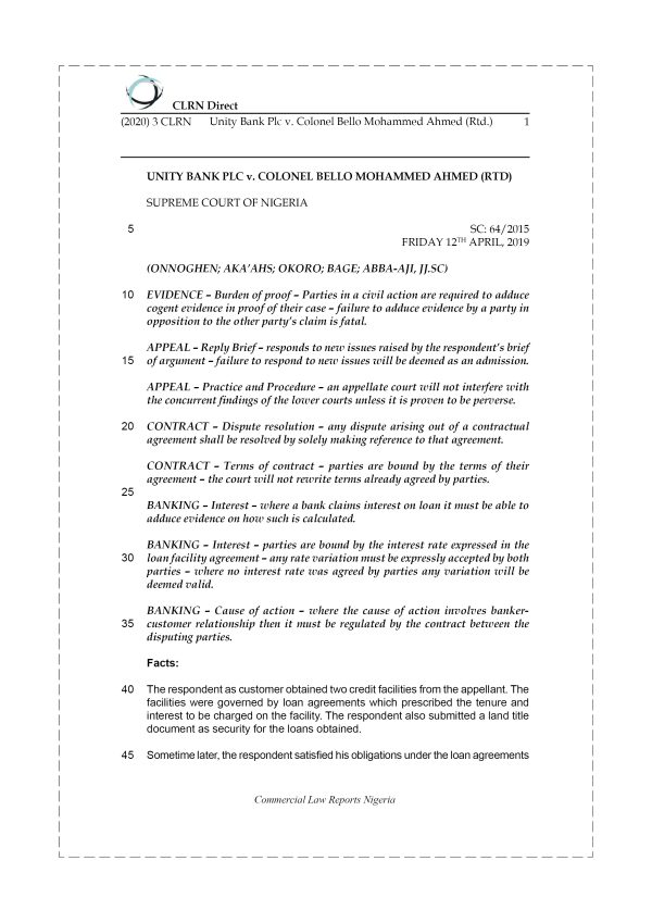 UNITY BANK PLC v. COLONEL BELLO MOHAMMED AHMED (RTD.)