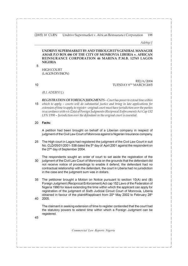 Undrive Supermarket v. African Reinsurance Corporation