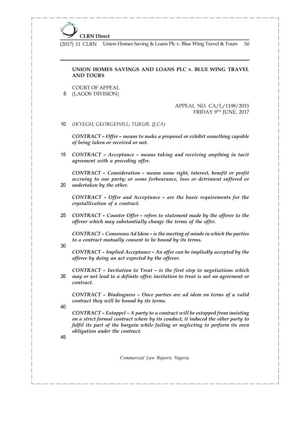 Union Homes Saving & Loans Plc v. Blue Wing Travel & Tours