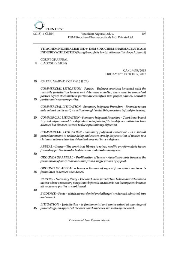 Vitachem Nigeria Ltd. v. DSM Sinochem Pharmaceuticals Indi Private Ltd.