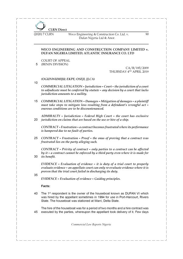 WECO ENGINEERING AND CONSTRUCTION CO. LTD v. DUFAN NIGERIA LIMITED & ANOR.