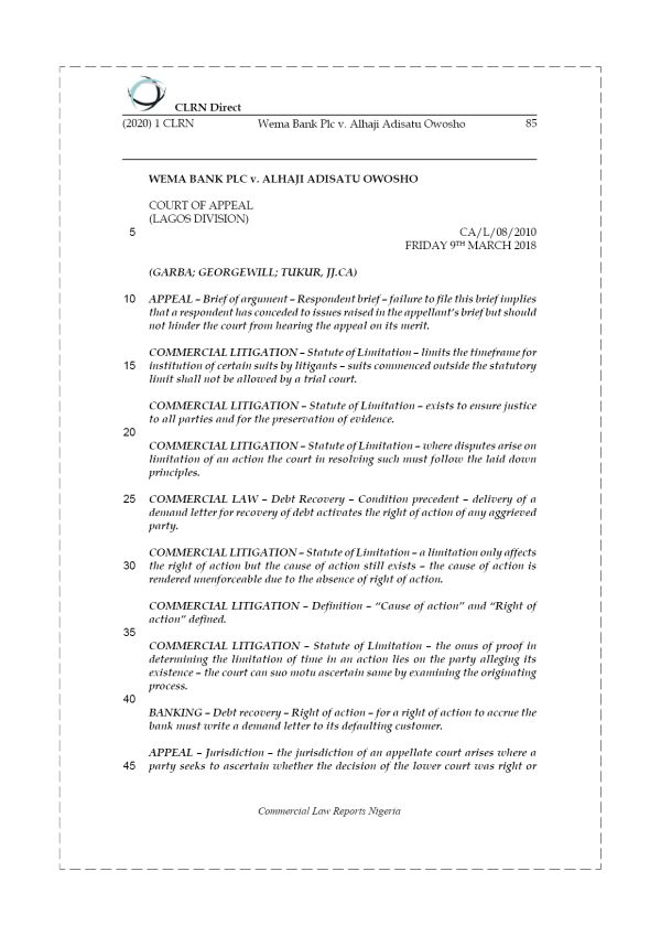 WEMA BANK PLC v. ALHAJI ADISATU OWOSHO