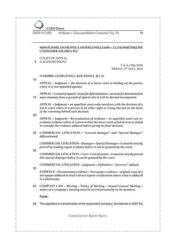 WILLIAMS v. GLAXOSMITHKLINE CONSUMER NIG. PLC