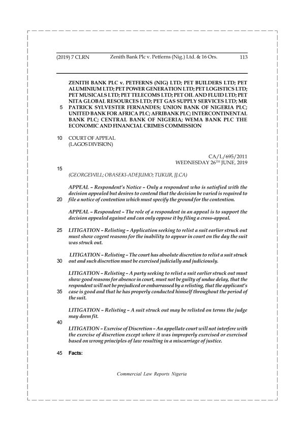 Zenith Bank Plc v. Petferns (Nig.) Ltd. & 17 Ors.