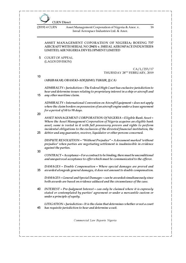 ASSET MANAGEMENT CORPORATION OF NIGERIA & ANOR. v. ISREAL AEROSPACE INDUSTRIES LTD. & ANOR.
