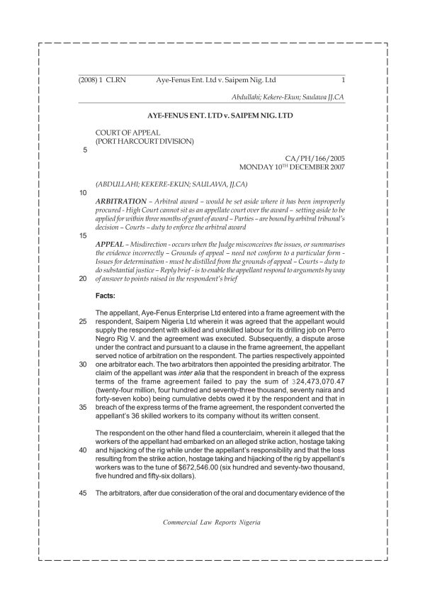 Aye-Fenus Ent. Ltd v. Saipem Nig. Ltd
