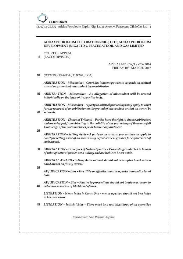 Addax Petroleum Explo. Nig. Ltd & Anor. v. Peacegate Oil & Gas Ltd.