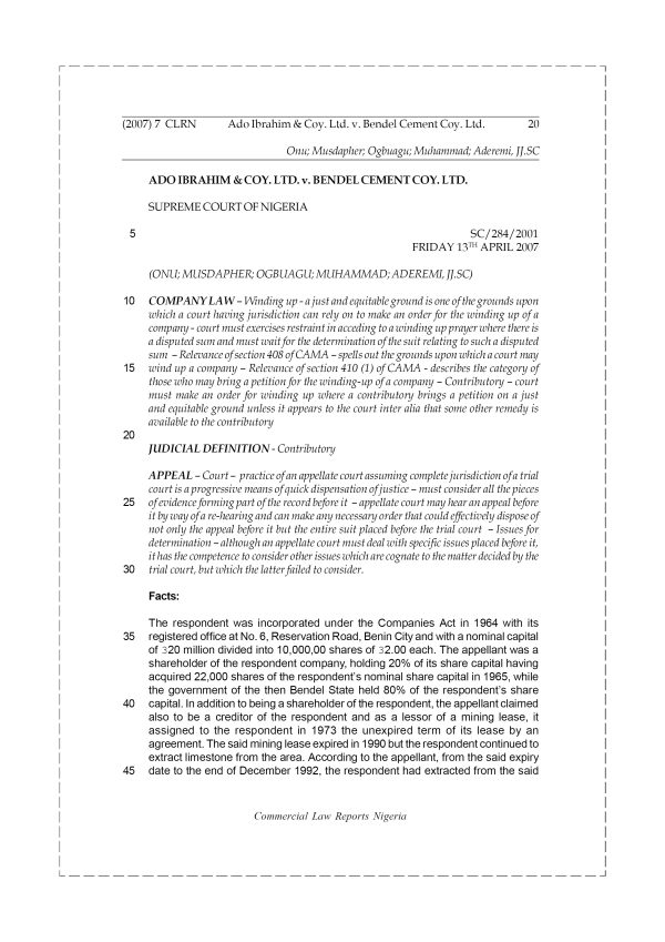 Ado Ibrahim & Coy. Ltd. v. Bendel Cement Coy. Ltd