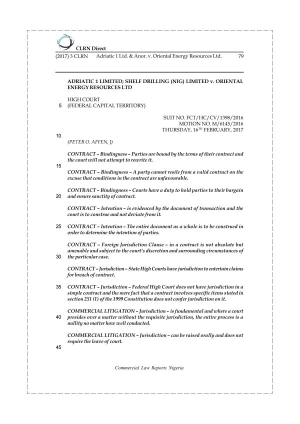 Adriatic 1 Ltd. & Anor. v. Oriental Energy Resources Ltd.