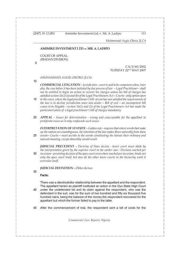 Amimike Investment Ltd v. Mr. A. Ladipo