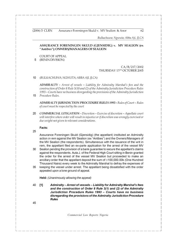 Assurance Foreningen Skuld v. MV Sealion & Anor