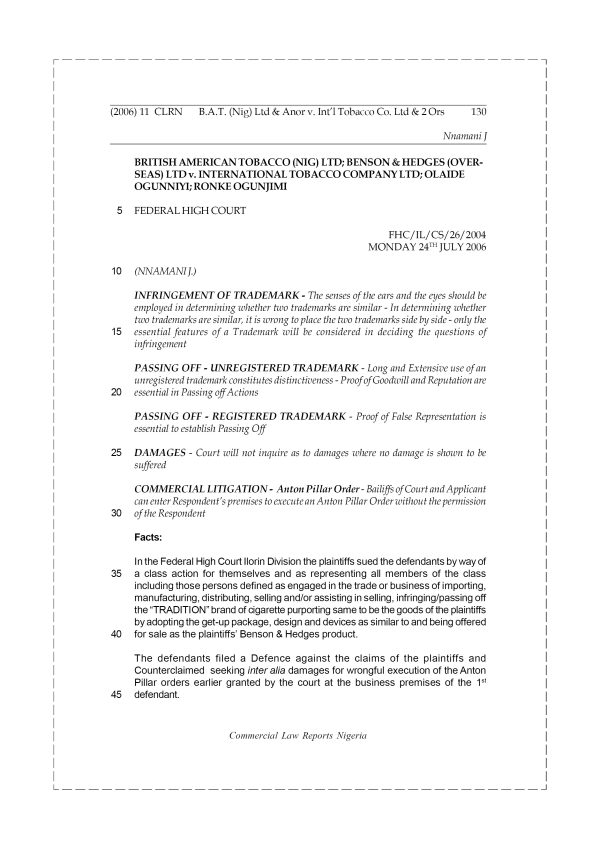 B. A. T (Nig.) Ltd & Anor v. Int’l Tabacco Co. Ltd & 2 Ors