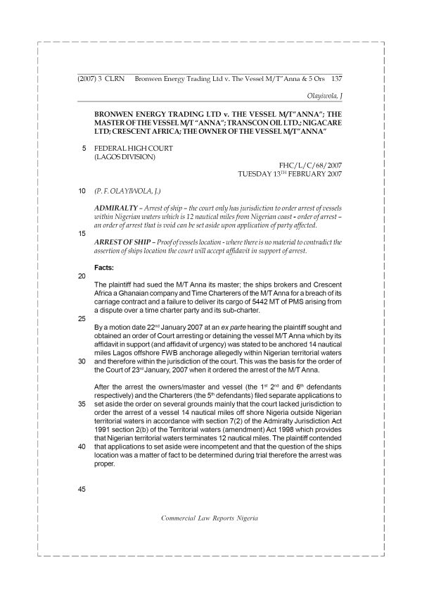 Browen Energy Trading Ltd v. The Vessel M.T. “Anna” & 5 Ors