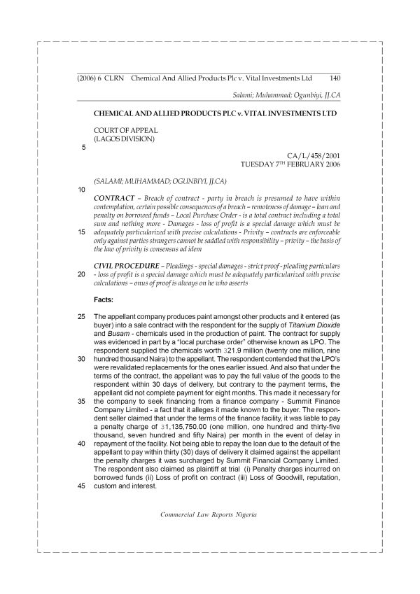 Chemical and Allied Products Plc v. Vital Investments Ltd