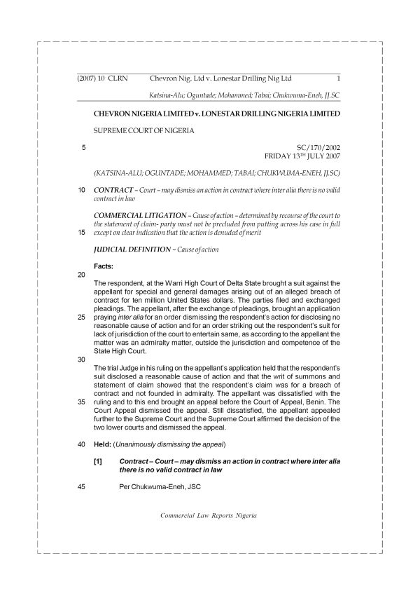 Chevron Nig. Ltd v. Lonestar Drilling Nig. Ltd