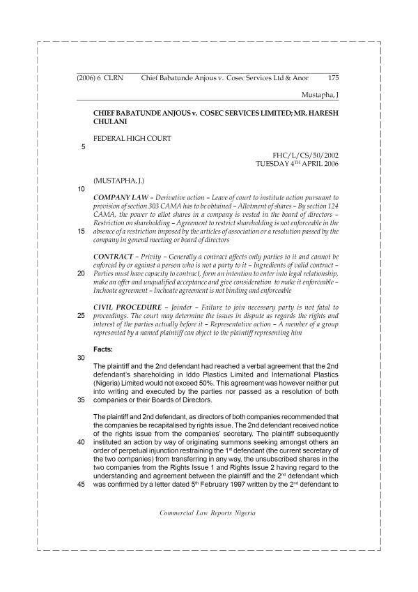 Chief Babatunde Anjous v.  Cosec Services Ltd & Anor