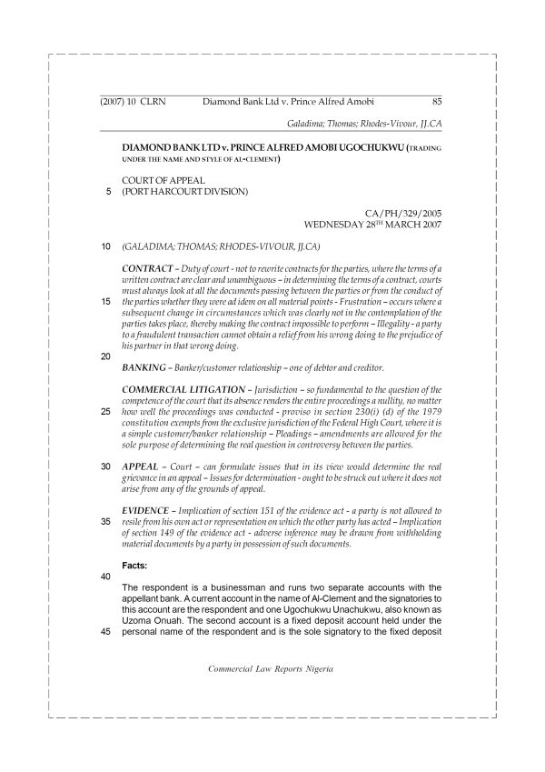 Diamond Bank Ltd v. Prince Alfred Amobi