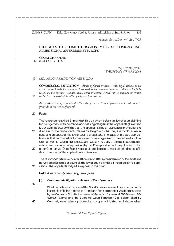 Dike Geo Motors Ltd & Anor v. Allied Signal Inc. & Anor