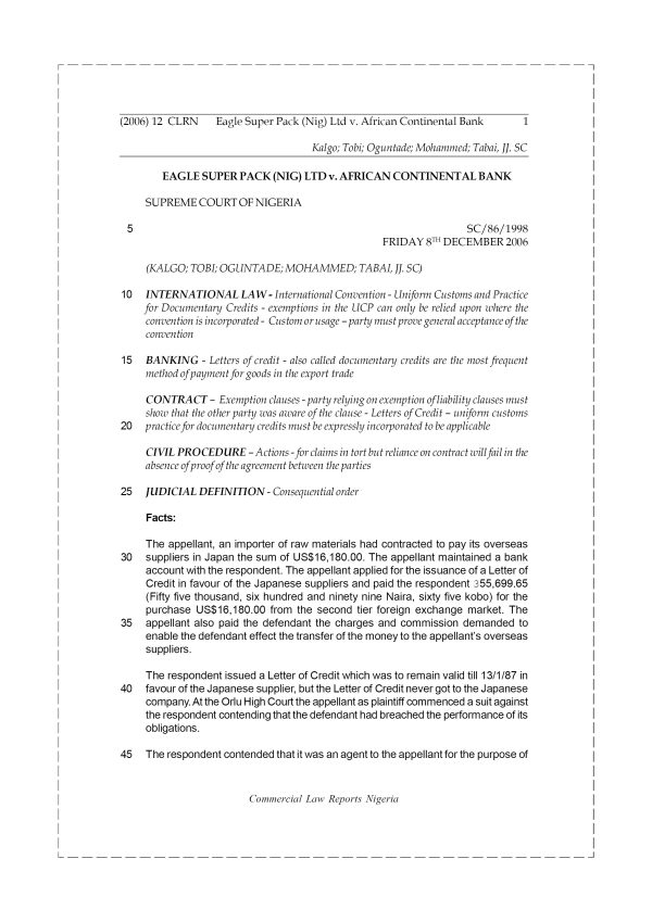 Eagel Super Pack (Nig.) Ltd v. African Continental Bank