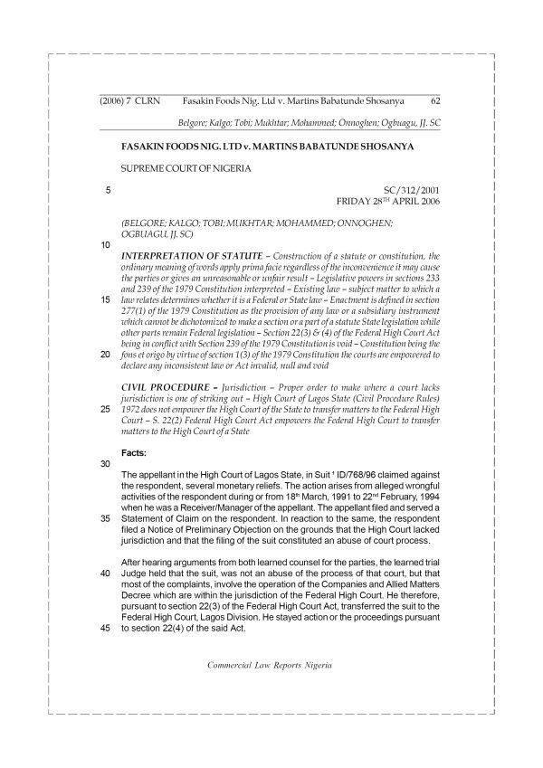 Fasakin Foods Nig. Ltd v. Martins Babatunde Shosanya