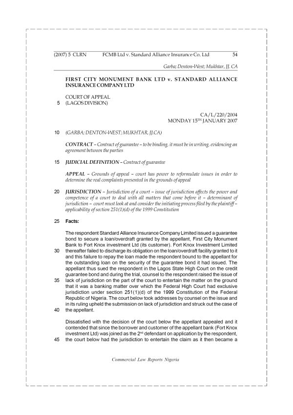 First City Monument Bank Ltd v. Standard Alliance Insurance Co. Ltd