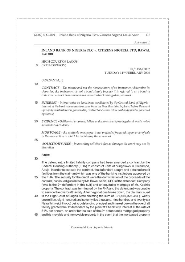 INLAND BANK OF NIGERIA PLC v. CITIZENS NIGERIA LTD & ANOR