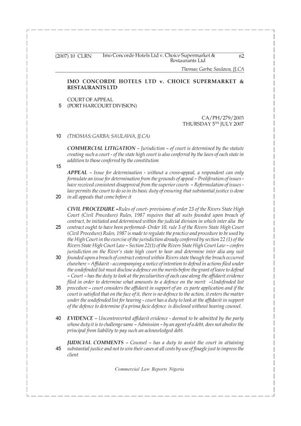 Imo Concorde Hotels Ltd v. Choice Supermarket & Restaurants Ltd